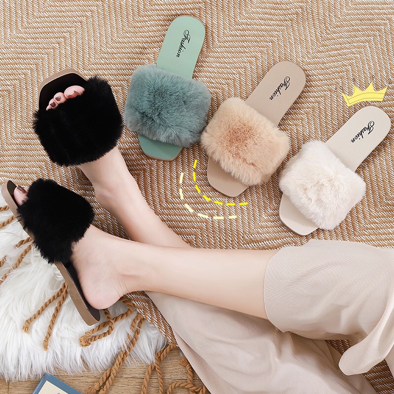 Fashionable Fur Slippers With Horizontal Bands And Soft Soles For Indoor Outing C-228