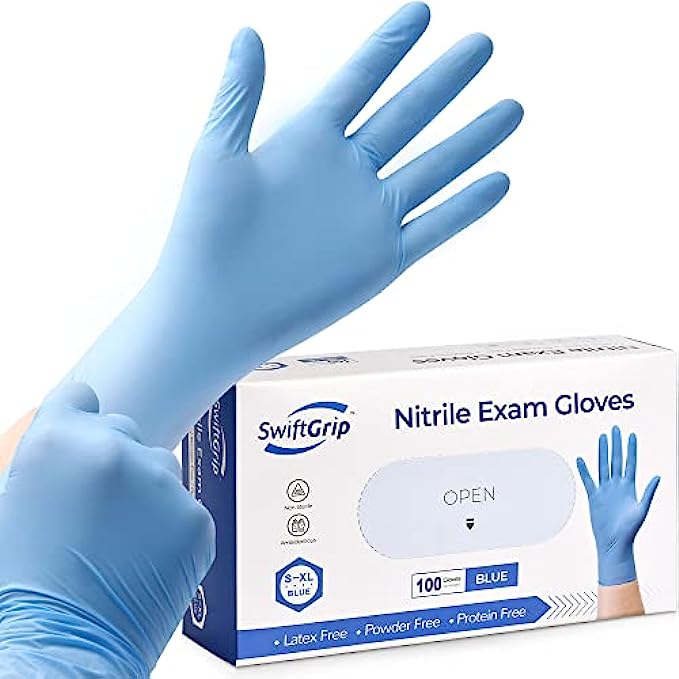 SwiftGrip Disposable Nitrile Exam Gloves, 3-mil, Blue, Nitrile Gloves Disposable Latex Free, Medical Gloves, Cleaning Gloves, Food-Safe Rubber Gloves, Powder Free, Non-Sterile, 100-ct Box (Large)
