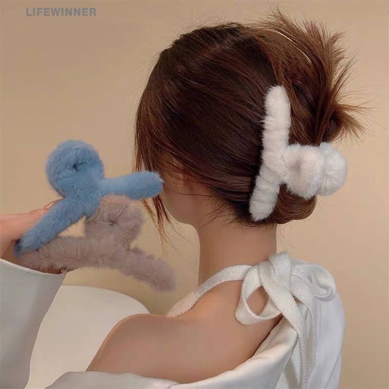 [Candy Color Faux Fur Hair Clips Clamps] [Plush Hair Claws Furry Shark Clip][French Back Head Hair Catch Barrette][Women Hair Crabs Clip Hair Accessories]