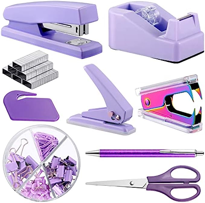 Office Supplies Set Desk Accessory Kit with Stapler Tape Dispenser Staple Remover Staples Hole Puncher Paper Clips Scissor and Letter Opener Ballpoint Pen for Office Clerks Student(Purple)