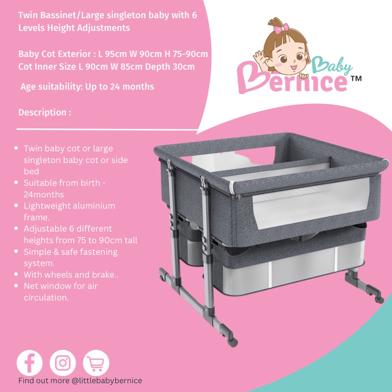 [SG INSTOCK] Twin Bassinet/Large singleton baby with 6 Levels Height Adjustments