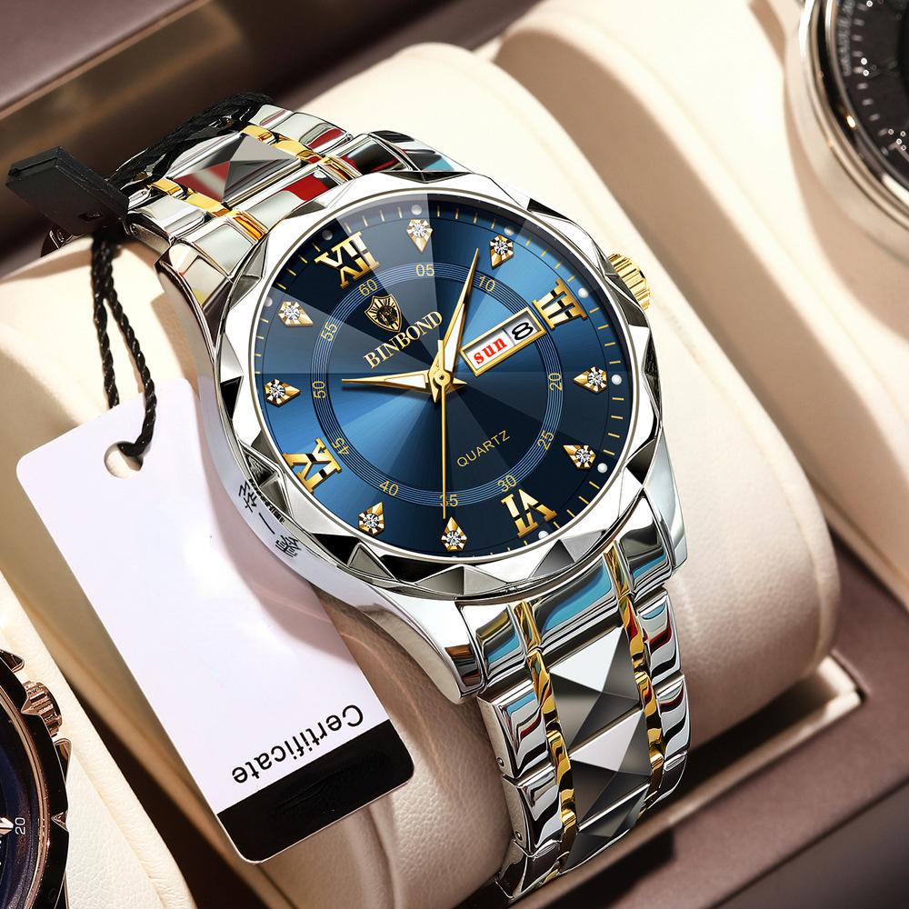 BINBOND Men's Luxury Waterproof Luminous Double Calendar Watch Fashion Men Business Quartz Watch Jam Tangan Lelaki